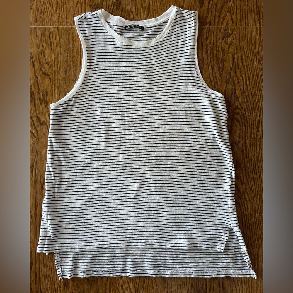 Zara Tank Top White and Black Striped Tee High Low Hem Size Small